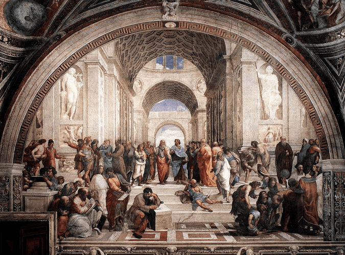 Raphael's School of Athens — Plato and Aristotle walking at its centre.